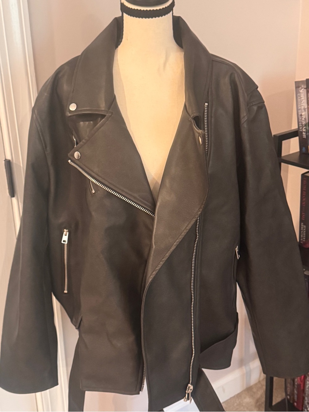 Classic Black Leather Look Moto Jacket